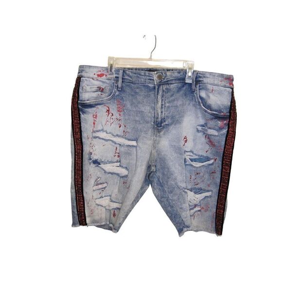 Jordan Craig Legacy Edition Mens Distressed Denim Shorts‎ Red Splatter size 44 - Picture 1 of 13